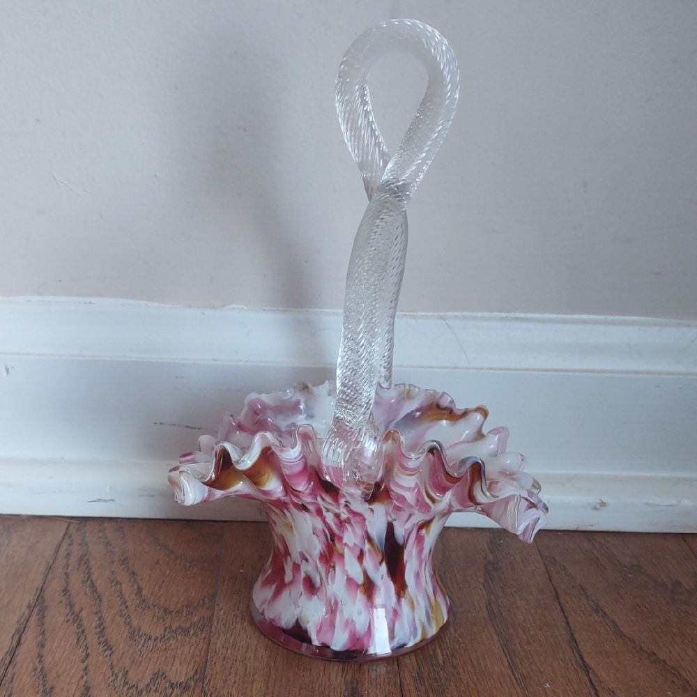 Pink and White Glass Basket with Ruffled Edge and Twist Handle